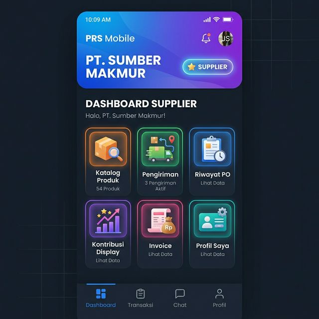 PRS Mobile Supplier Dashboard — Purchase Order, Pengiriman, Kontribusi